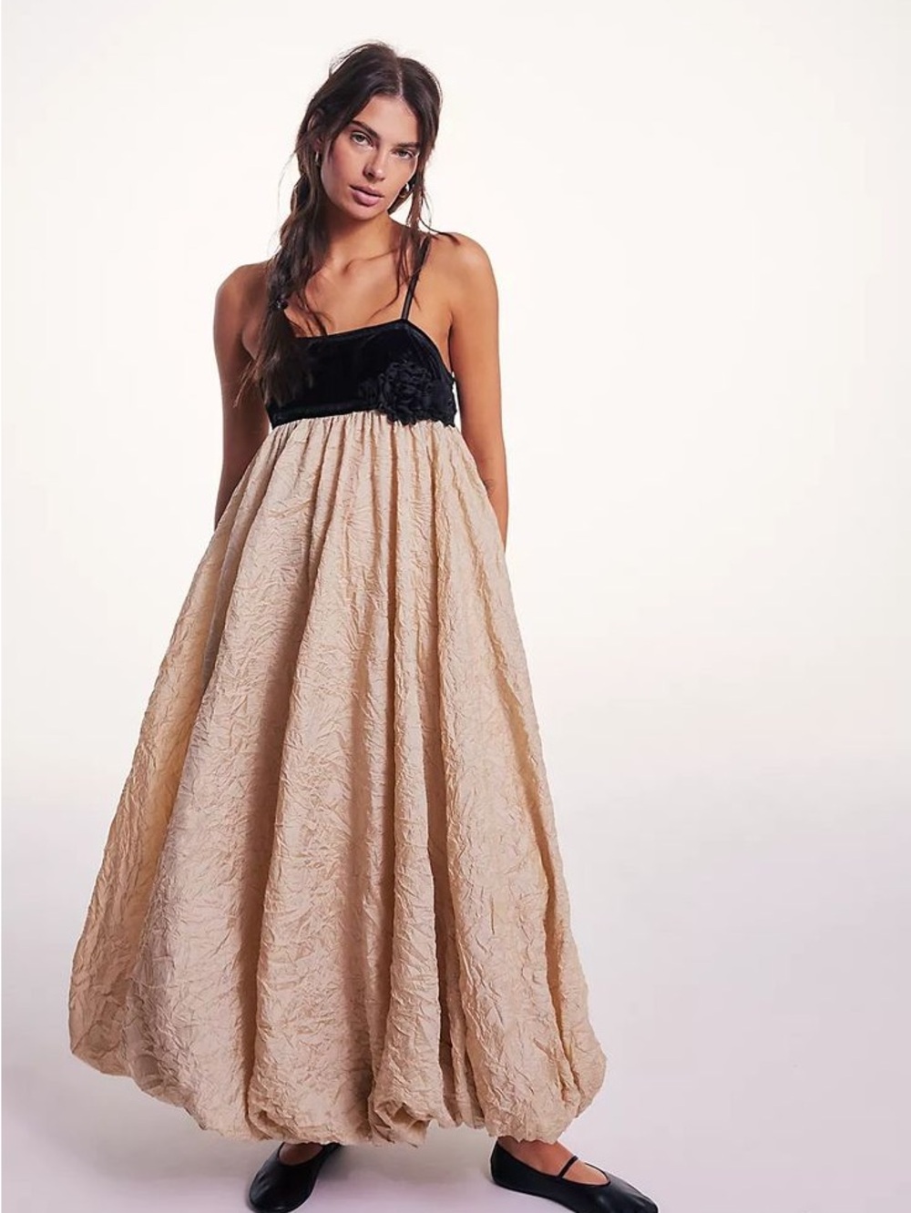 Free People Bellini Bubble Dress. Black Velvet Bodice Beige. Y2K